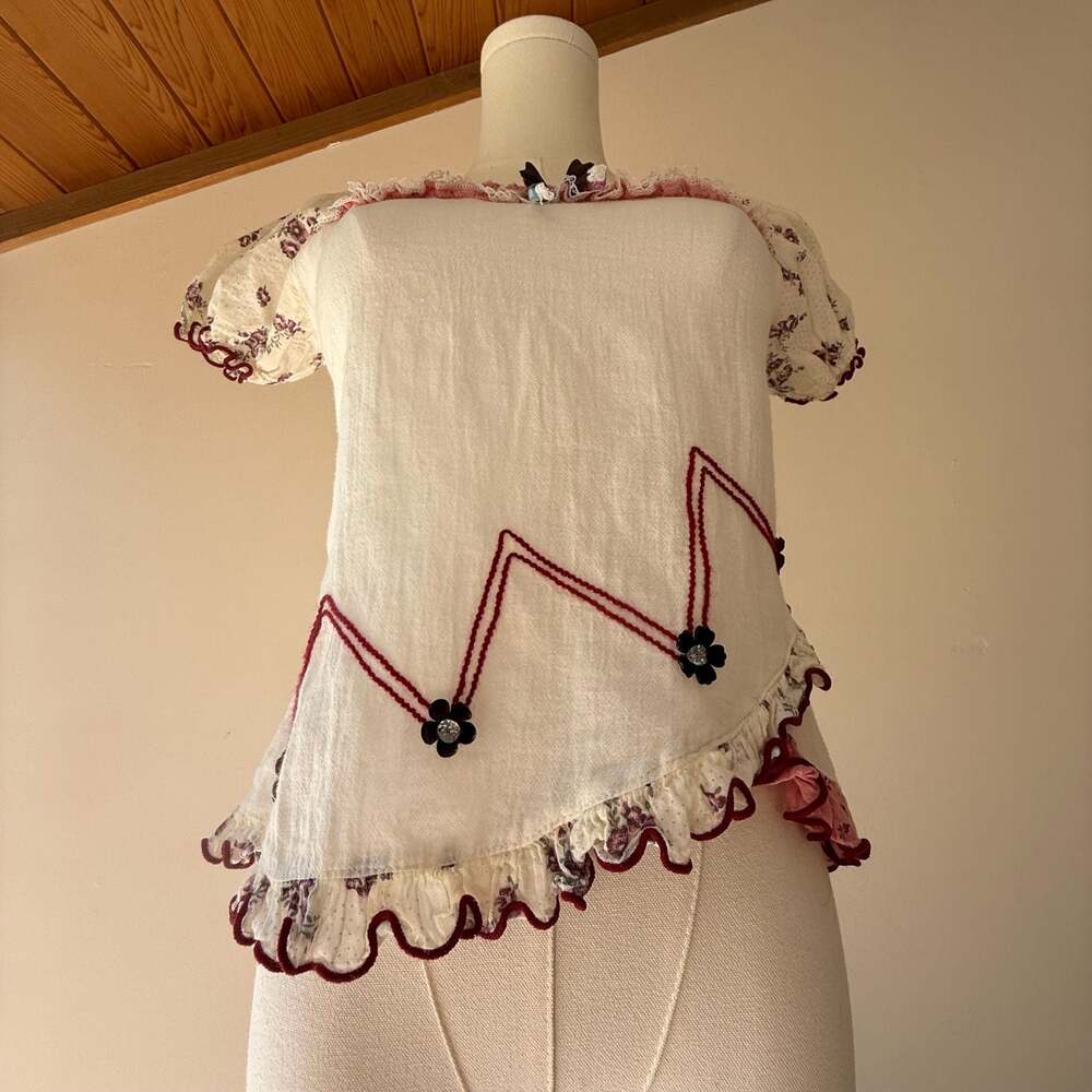 Euro Vintage Y2K Milkmaid Floral Puff Sleeve Ruffle Blouse with Bow & Beads